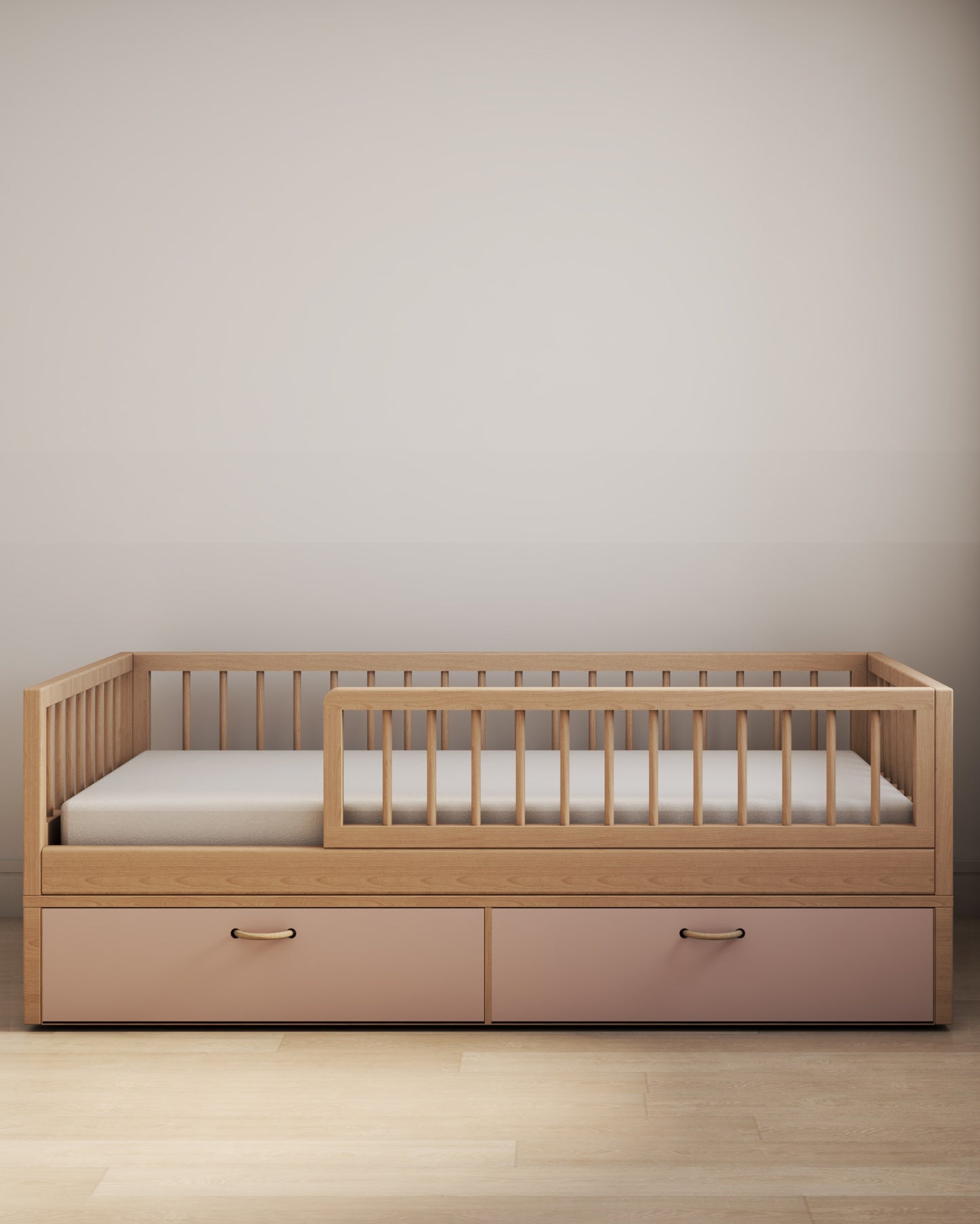 Cama Montessori Evolutiva - Saída Lateral + Gavetões Rosas