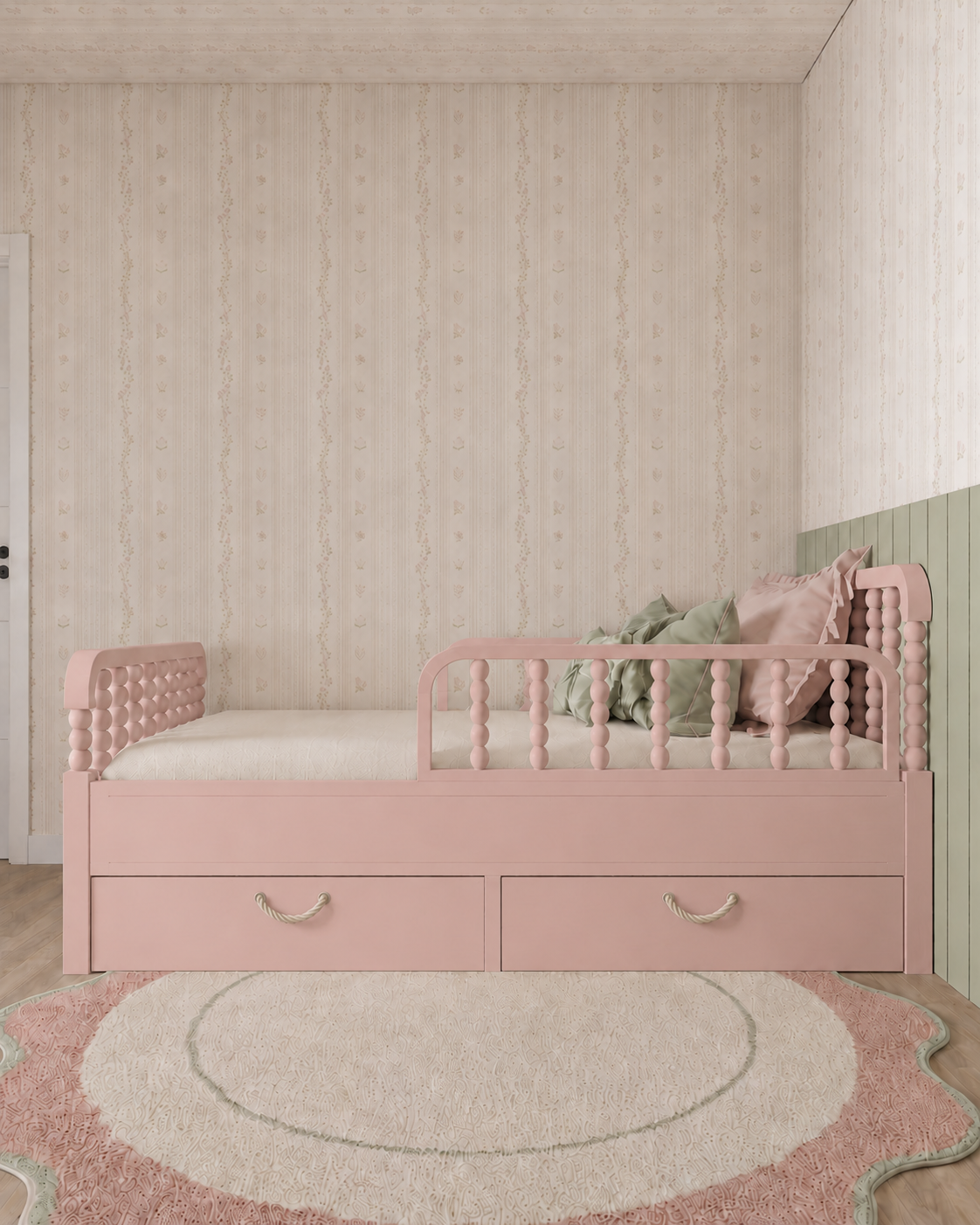 Cama Poema Evolutiva com Gavetões 4 em 1 na cor rosa, em madeira maciça, com grades laterais e gavetões integrados sob o estrado