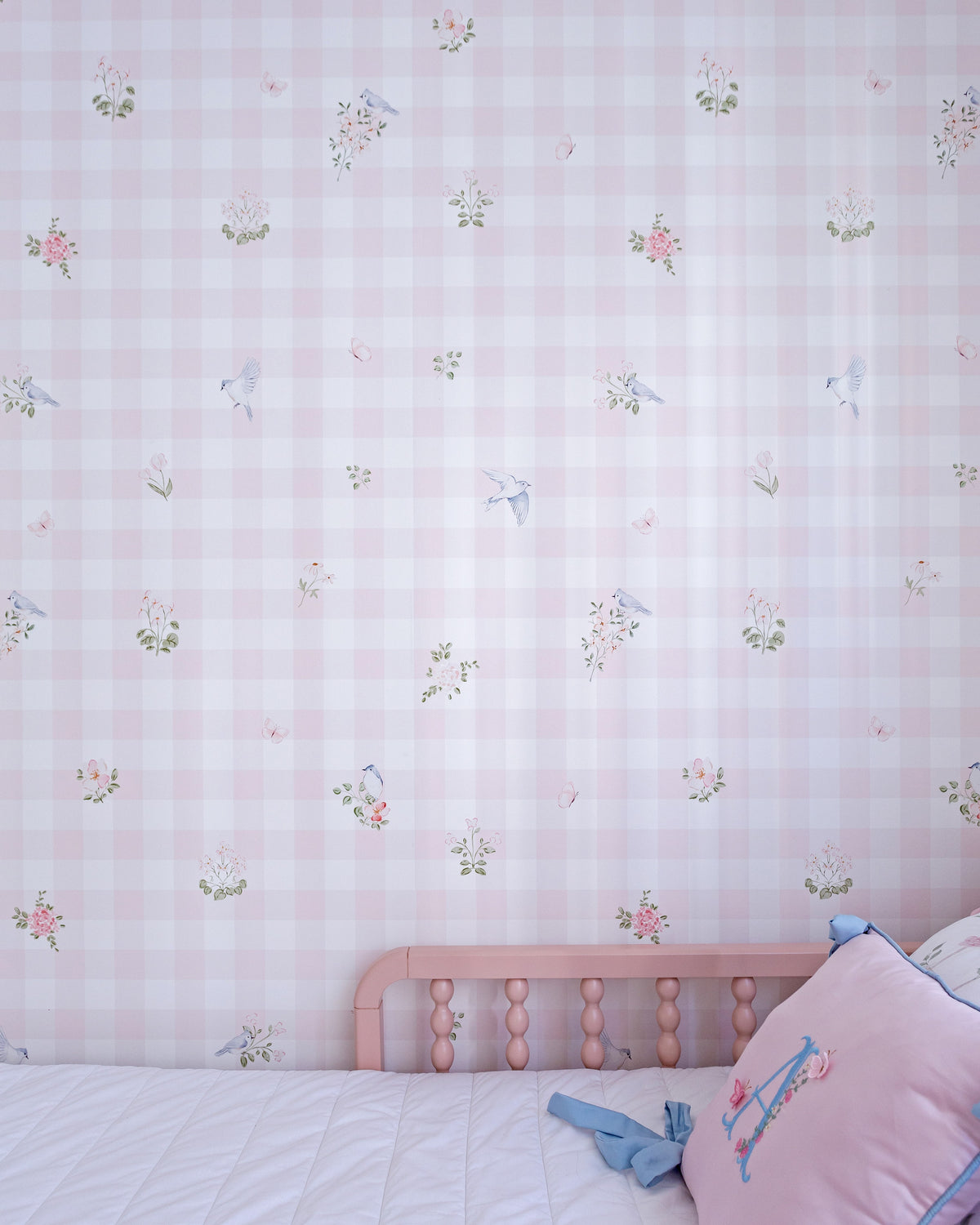 Papel de Parede Vichy Floral Rosa