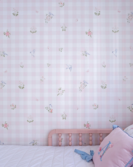 Papel de Parede Vichy Floral Rosa