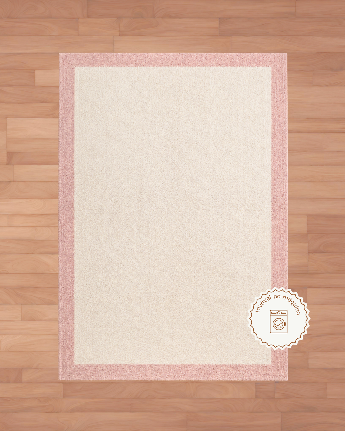 Tapete Lavável Algodão 200 x 360 Fundo Cru com Borda Rosa Claro