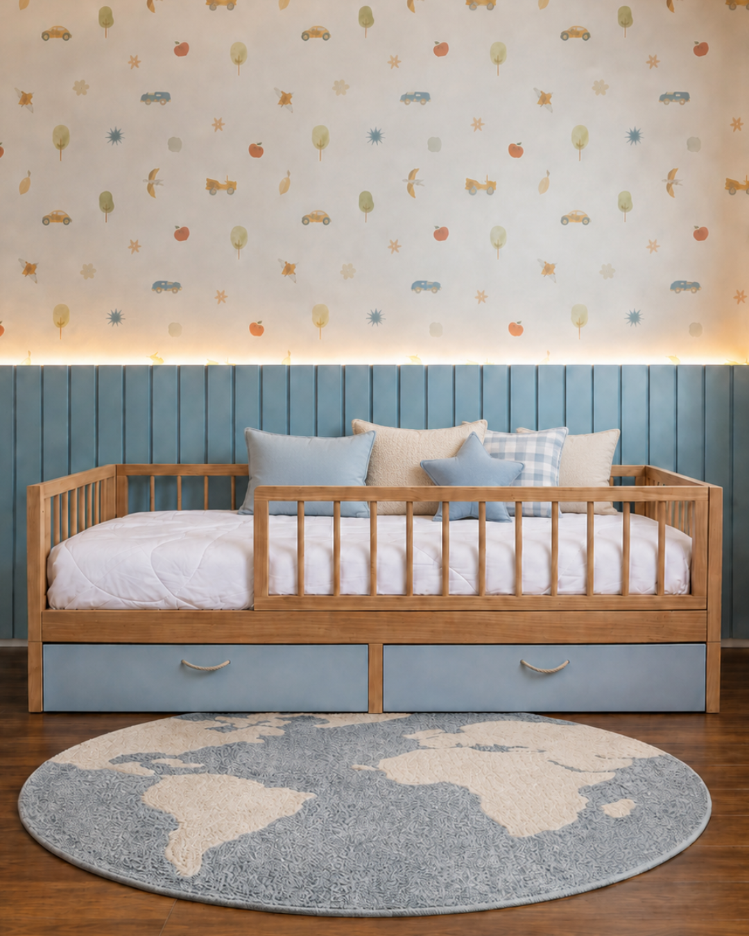 Cama Palito Evolutiva  com Gavetões · 4 em 1 · Madeira Carvalho + Azul