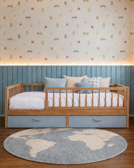 Cama Palito Evolutiva  com Gavetões · 4 em 1 · Madeira Carvalho + Azul