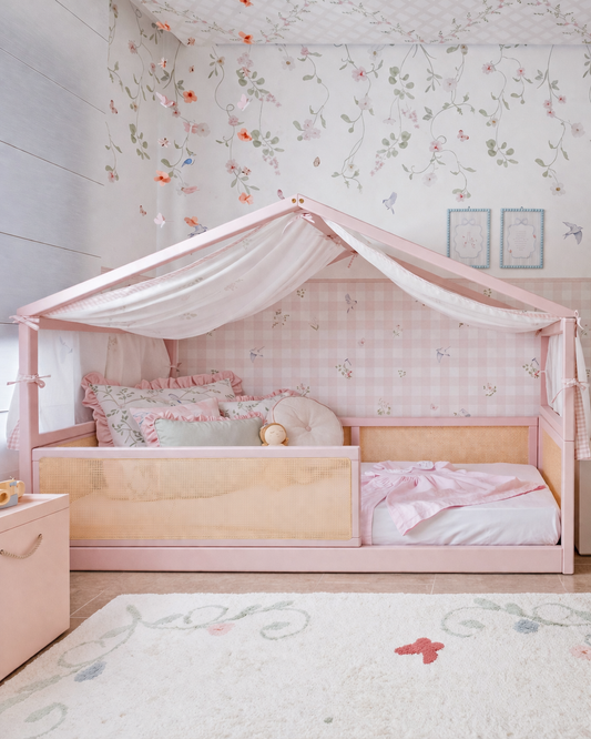 Cama Casinha - Saída Lateral - Palha - Rosa Claro