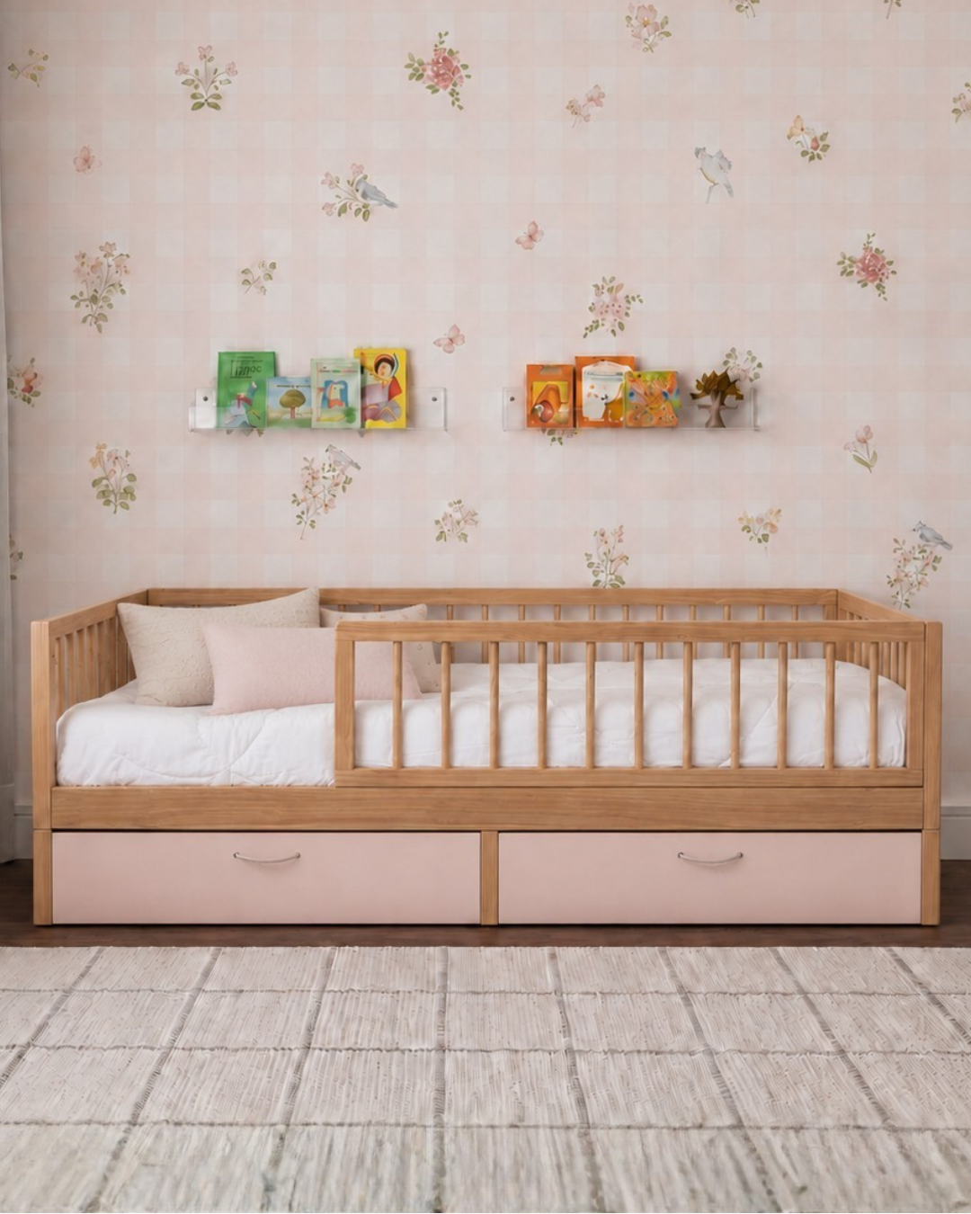 Cama Palito Evolutiva  com Gavetões · 4 em 1 · Madeira Carvalho + Rosa