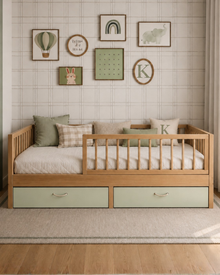 Cama Palito Evolutiva  com Gavetões · 4 em 1 · Madeira Carvalho + Verde