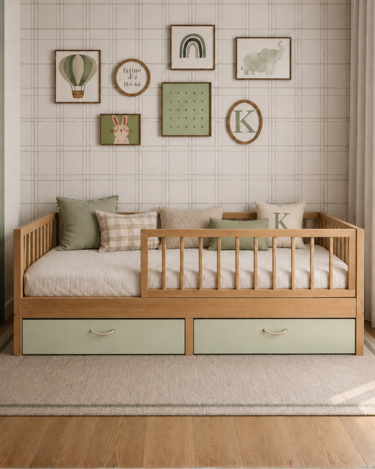 Cama Palito Evolutiva  com Gavetões · 4 em 1 · Madeira Carvalho + Verde
