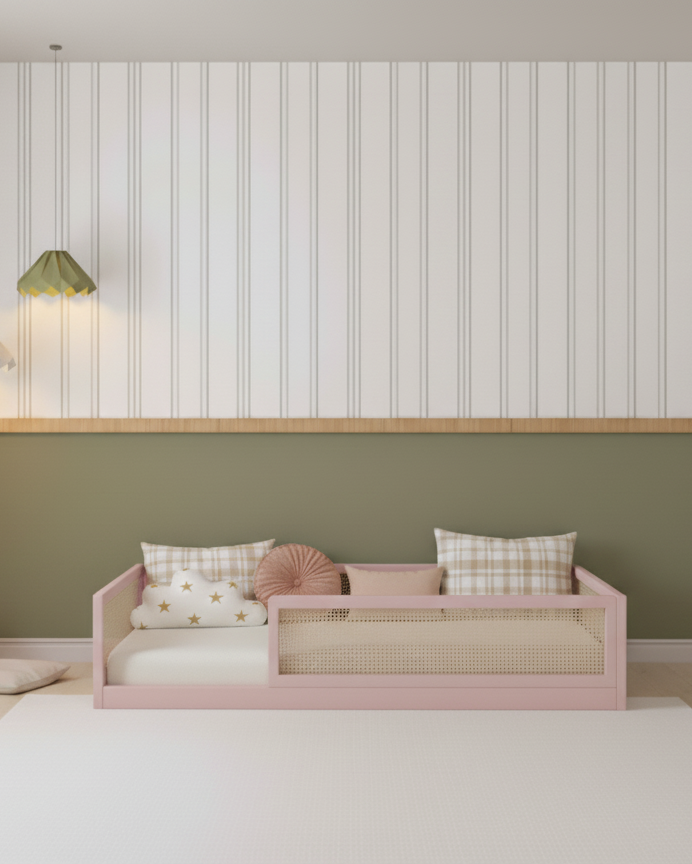 Cama Montessori  - Saída Lateral - Palha - Rosa Claro