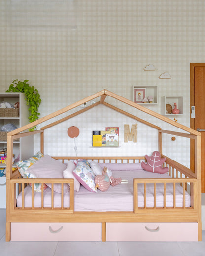 Cama Casinha Evolutiva com Gavetões Rosas