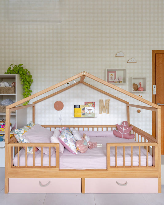 Cama Casinha Evolutiva com Gavetões Rosas