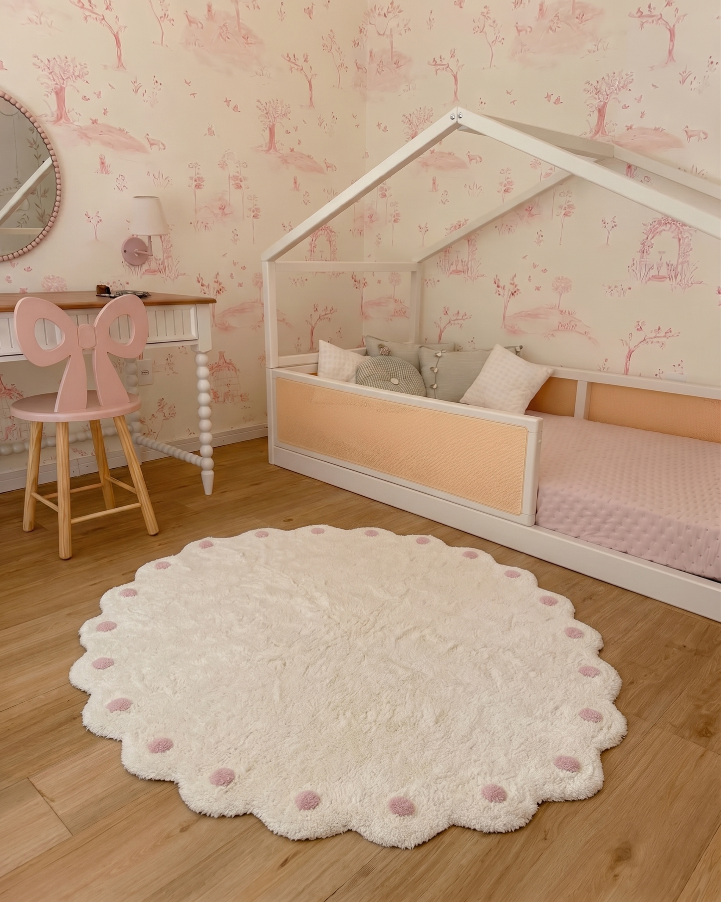 Tapete Lavável Algodão Doce Nuvem 130 X180 Fundo Cru com Bolinha Rosa Claro