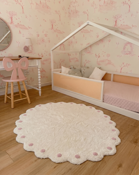 Tapete Lavável Algodão Doce Nuvem 130 X180 Fundo Cru com Bolinha Rosa Claro