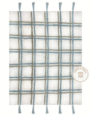 Tapete Lavável de Algodão Xadrez com Pompom Azul
