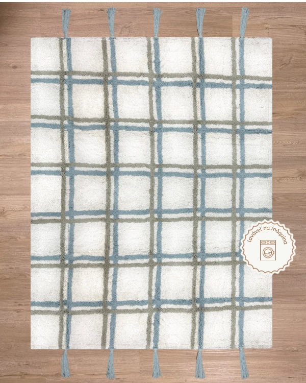 Tapete Lavável de Algodão Xadrez com Pompom Azul