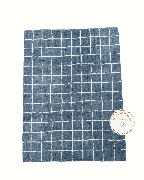 Tapete Lavável Algodão Grid  Azul - 160 x 200