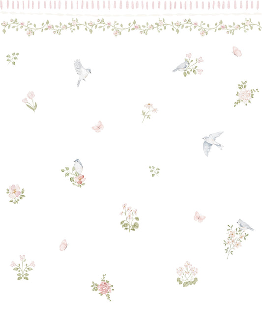 Papel de Parede Flores e Pássaros