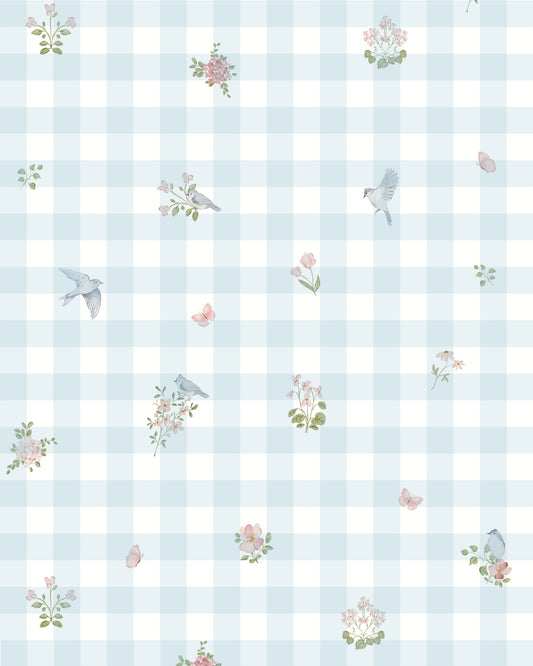 Papel de Parede Vichy Floral Azul