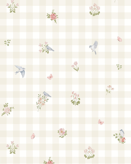 Papel de Parede Vichy Floral Bege