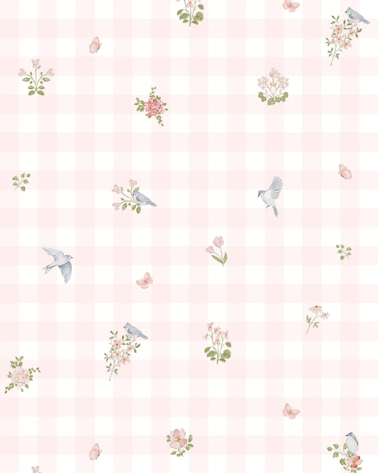 Papel de Parede Vichy Floral Rosa
