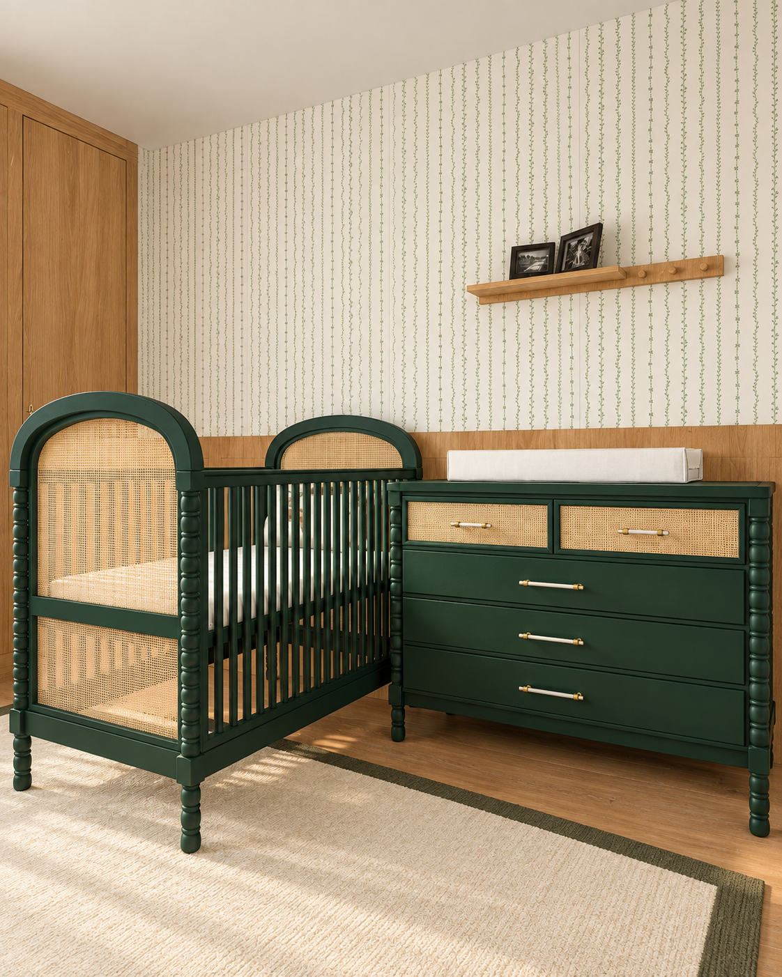 Berço Lorde Inglês com Palha na cor Verde Escuro, no quarto, ao lado da cômoda da mesma cor.