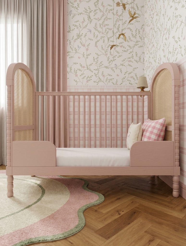 Berço Lorde Inglês com Palha na cor Rosa, convertido em mini-cama, vista em ângulo.
