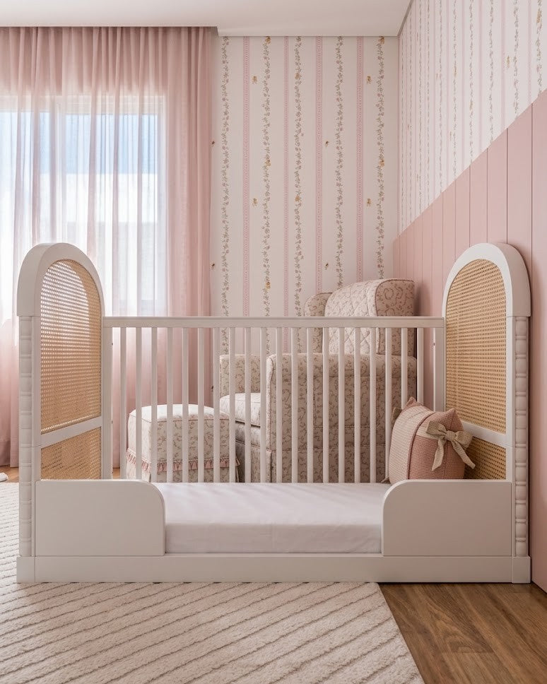 Berço Lorde Inglês com Palha na cor Off White, convertido em mini-cama, no quarto.