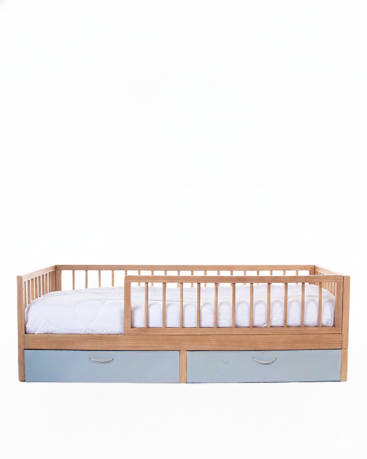 Cama Montessori Evolutiva - Saída Lateral + Gavetões Azuis