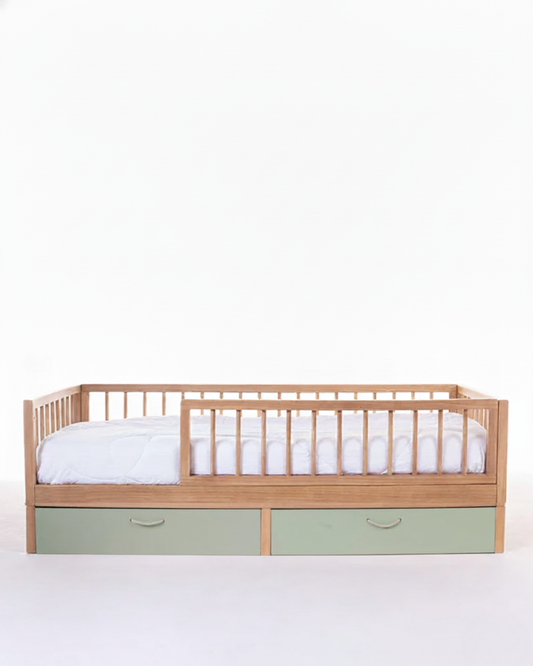 Cama Montessori Evolutiva - Saída Lateral + Gavetões Verdes